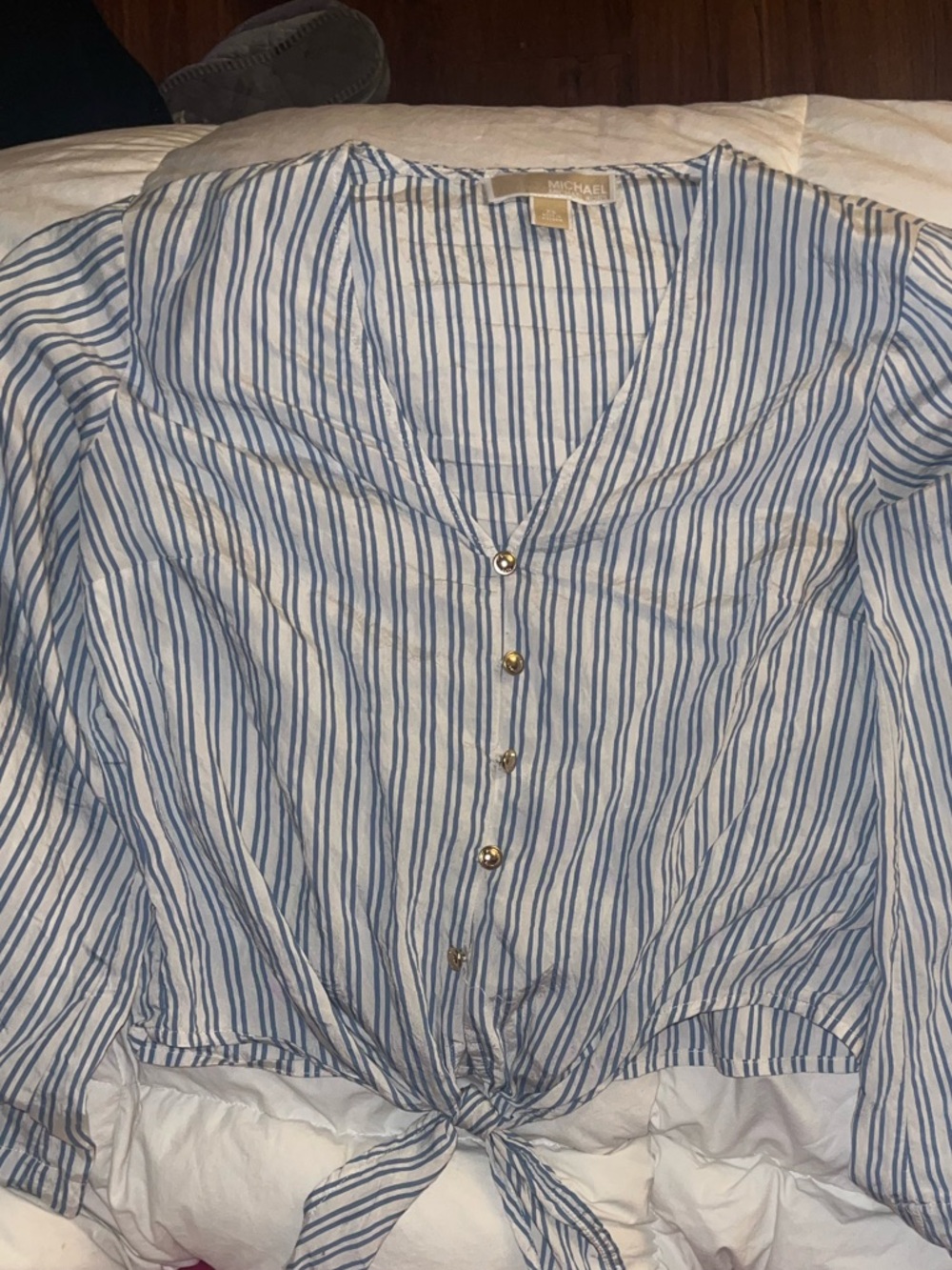 Michael Kohrs Blue White Striped Tie Front Blouse Size M Lightweight Button Top